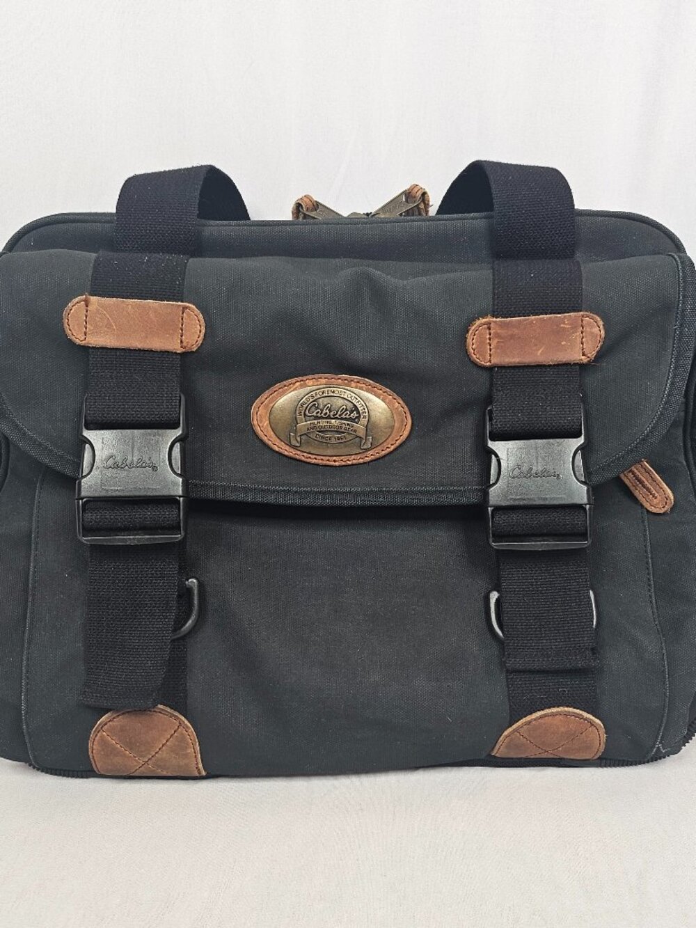 Cabela's Heavy Duty Canvas Messenger Laptop Travel Bag I  Leather Trim I Black